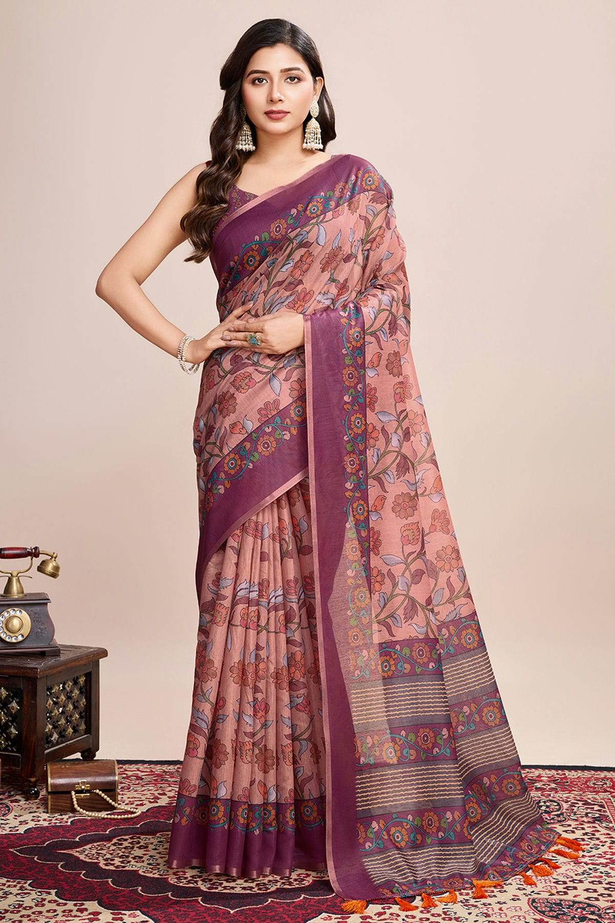 Multicolour Linen Printed Saree