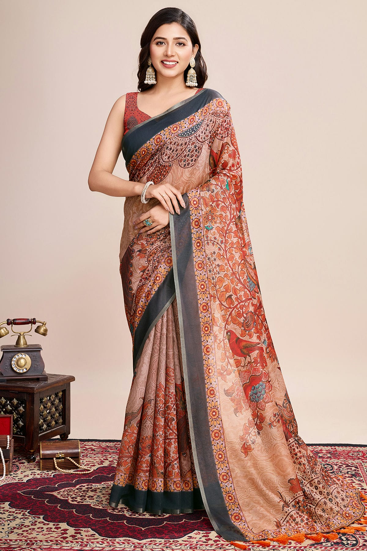 Multicolour Linen Printed Saree