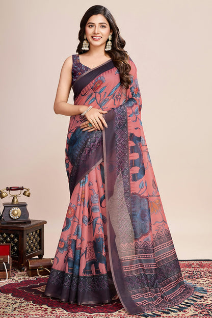 Multicolour Linen Printed Saree