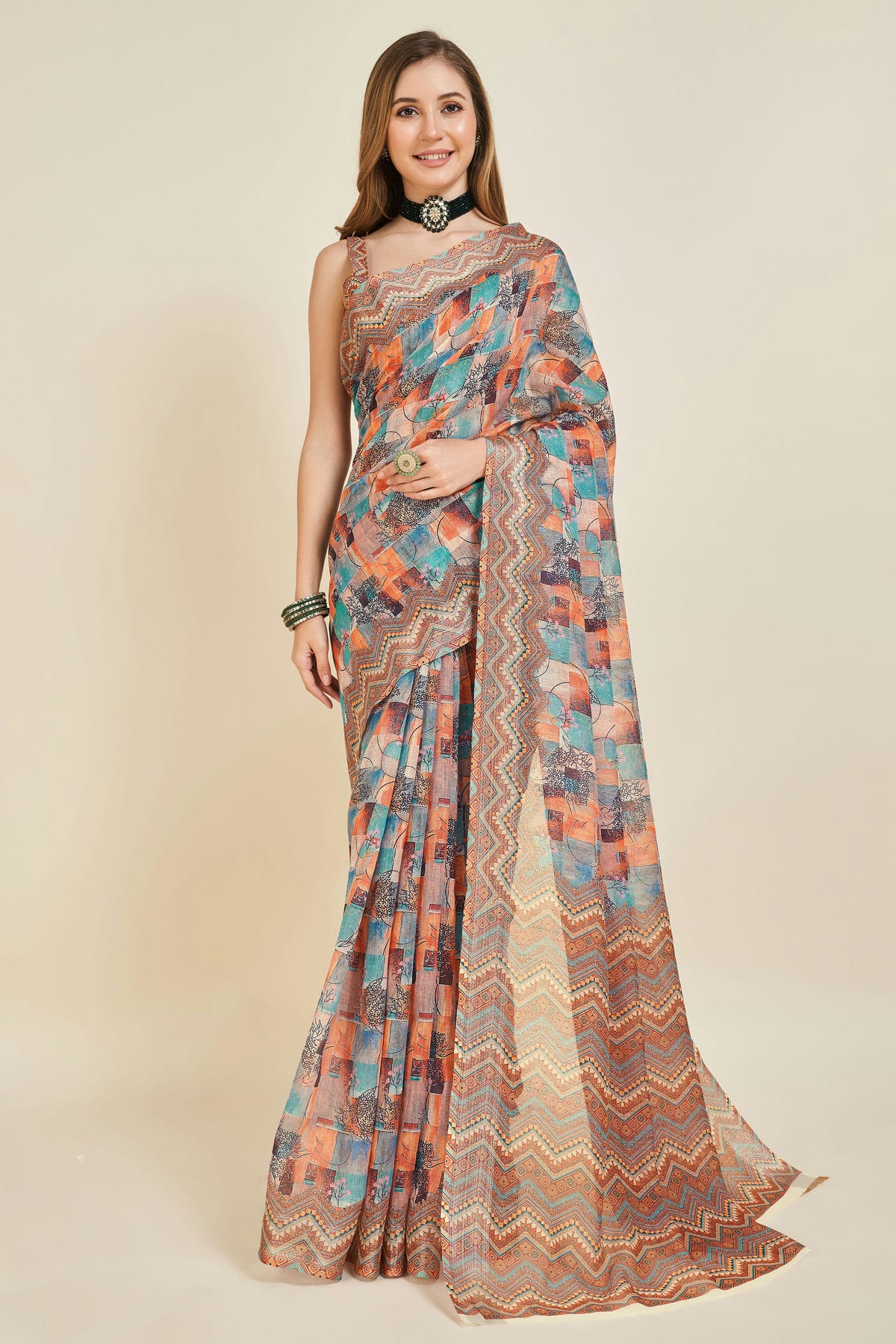 Multicolour Printed Work Linen Saree