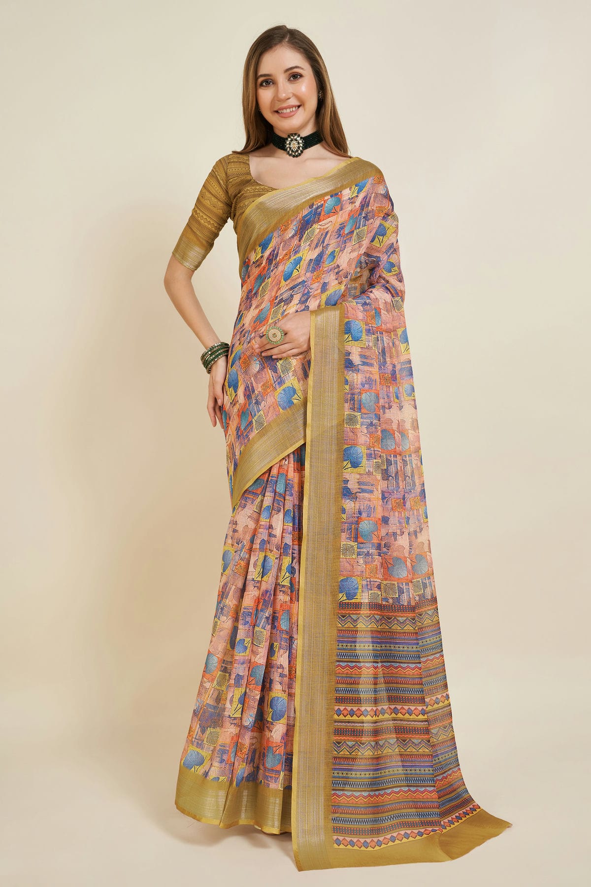 Multicolour Printed Work Linen Saree