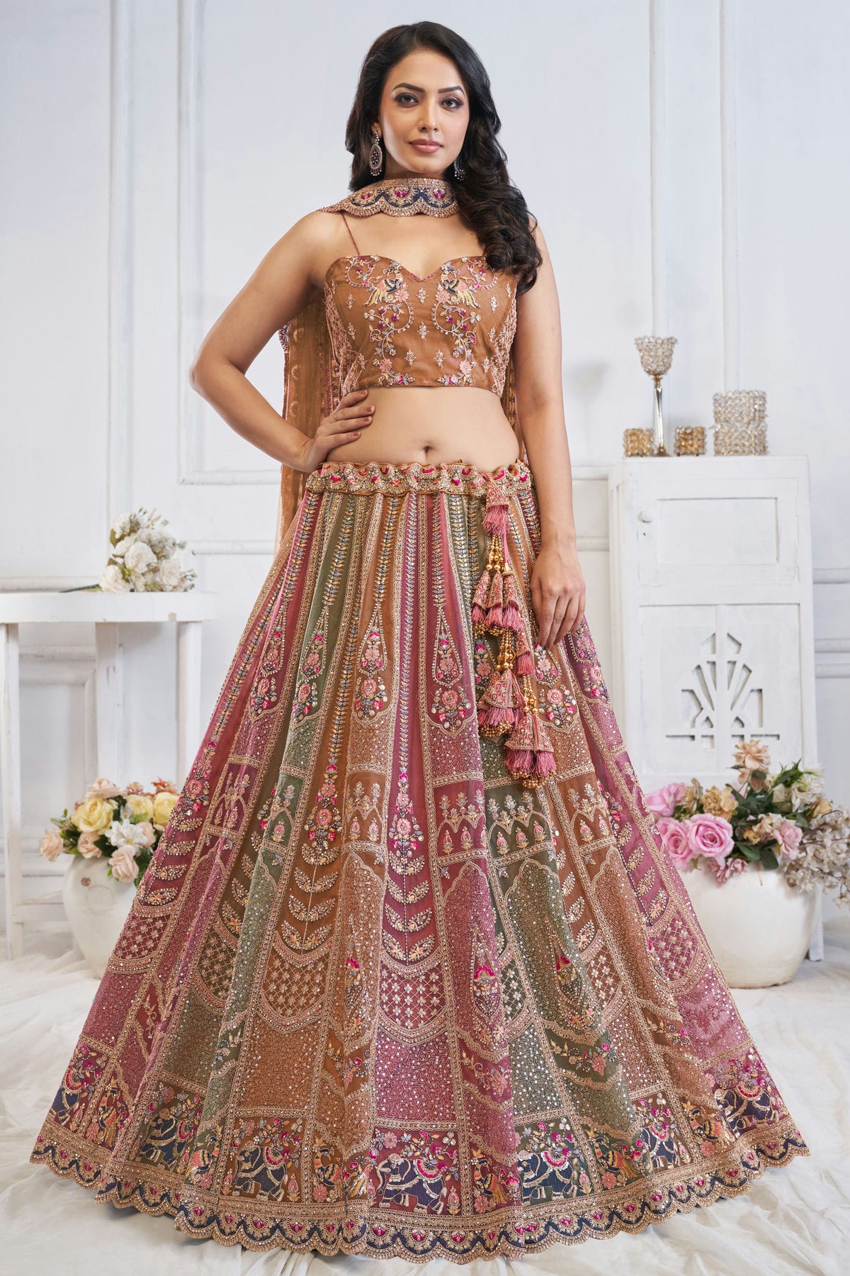 Multicolour Soft Net Embroidery Lehenga Choli