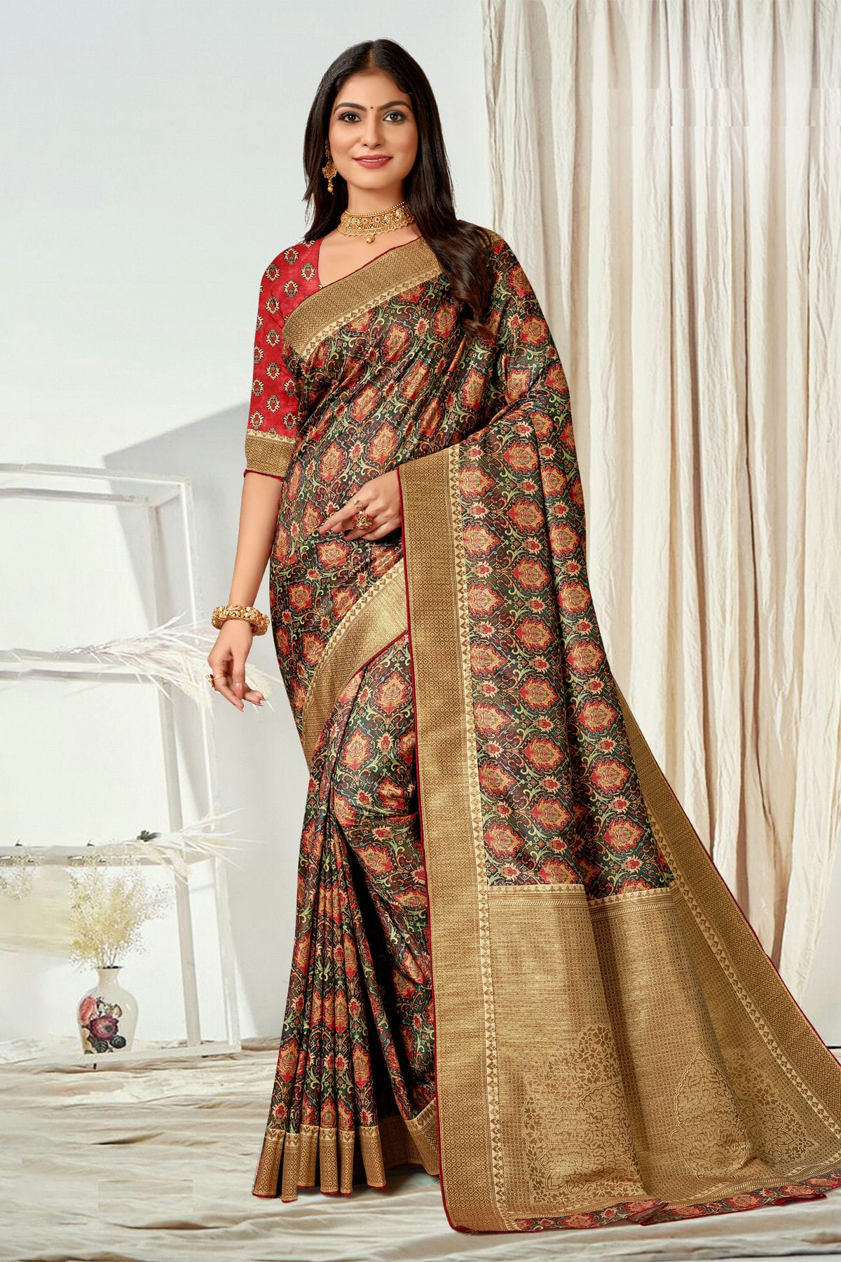 Multicolour Tussar Silk Printed Saree