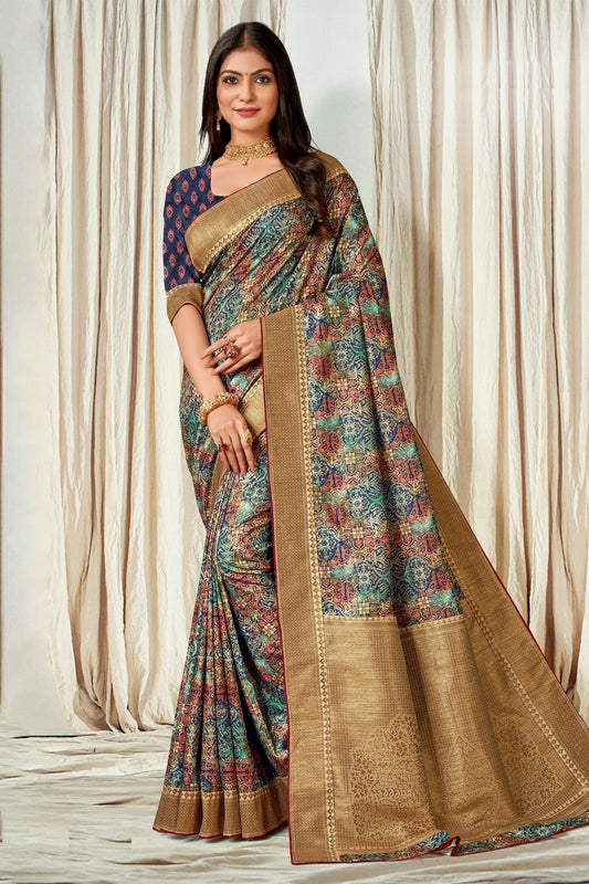 Multicolour Tussar Silk Printed Saree