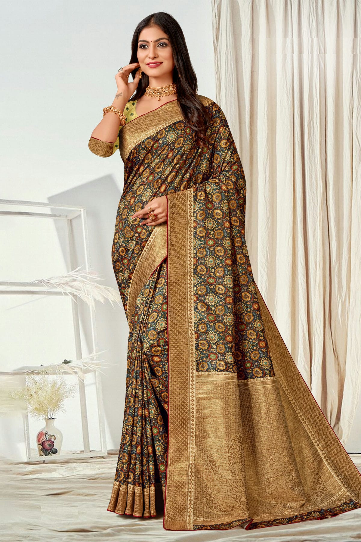 Multicolour Tussar Silk Printed Saree