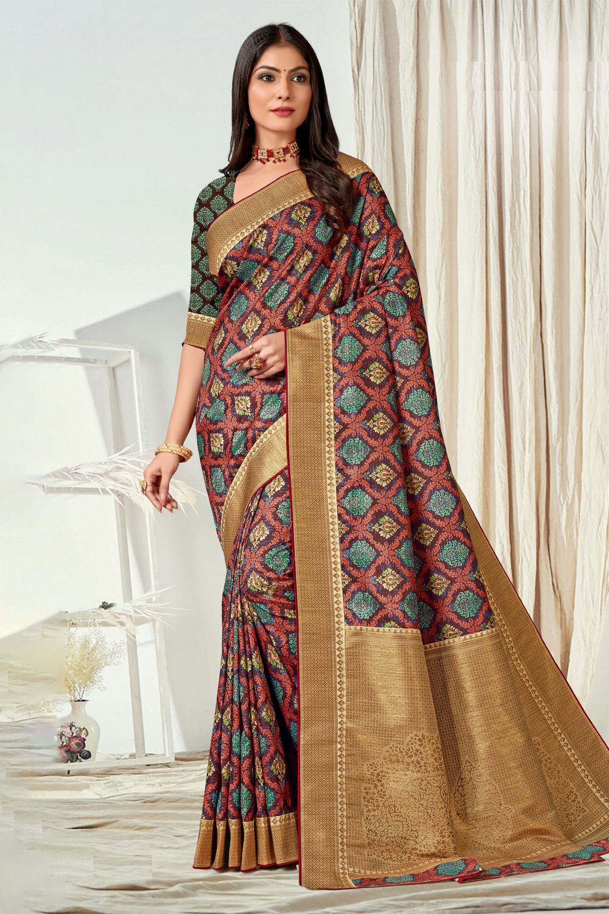 Multicolour Tussar Silk Printed Saree