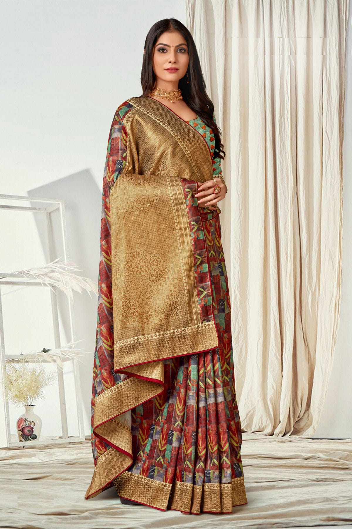 Multicolour Tussar Silk Printed Saree