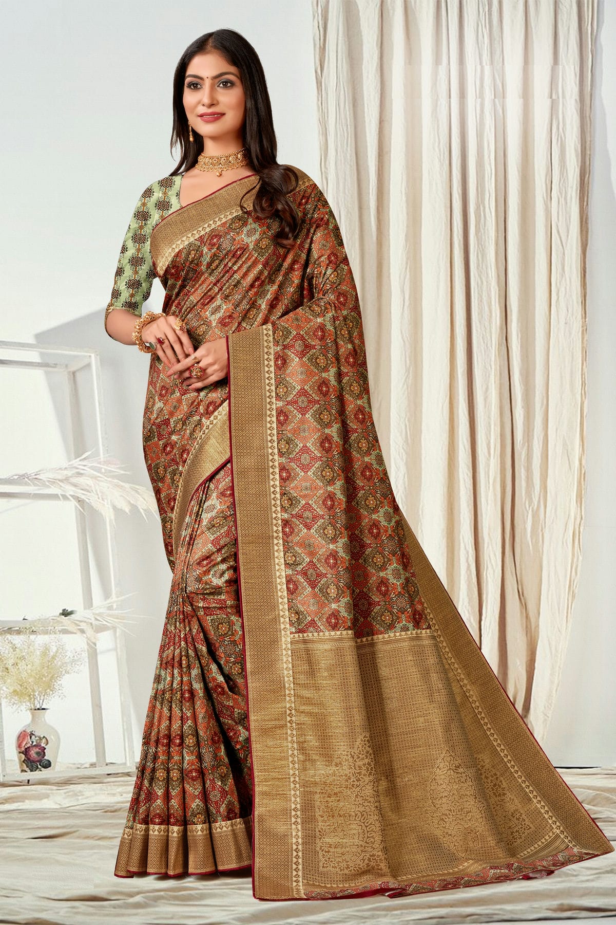 Multicolour Tussar Silk Printed Saree