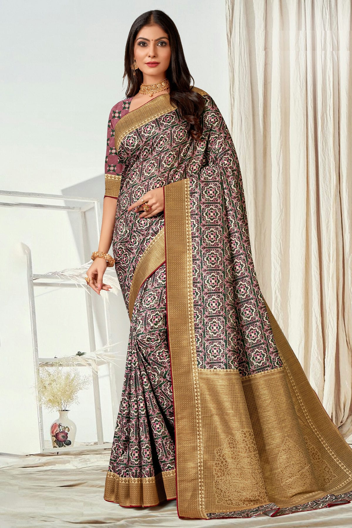 Multicolour Tussar Silk Printed Saree