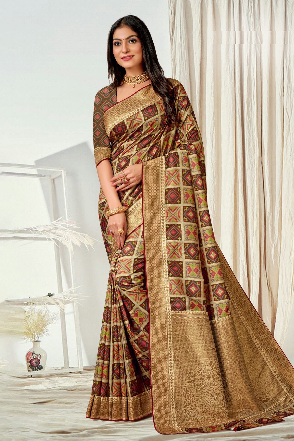 Multicolour Tussar Silk Printed Saree