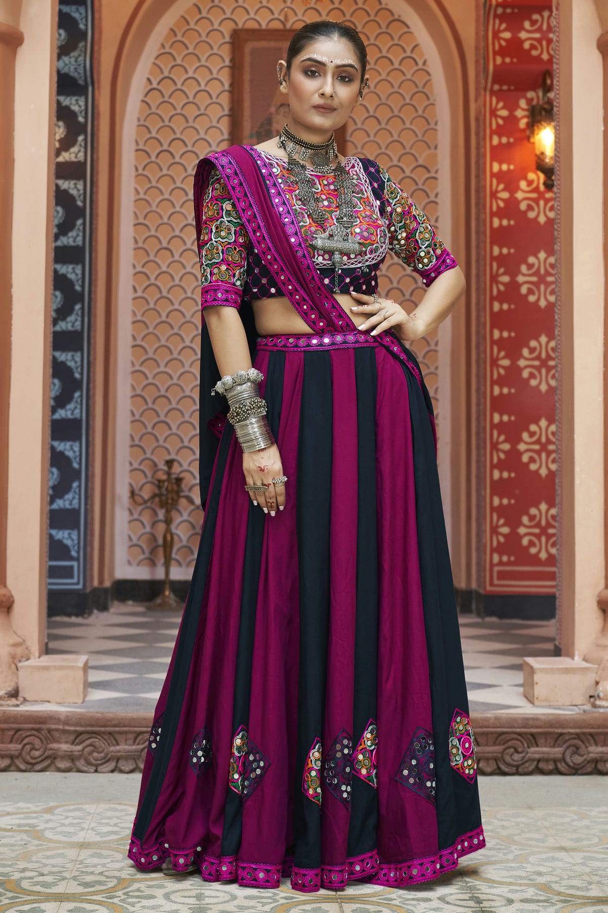 Multicolour Viscose Rayon Navratri Lehenga