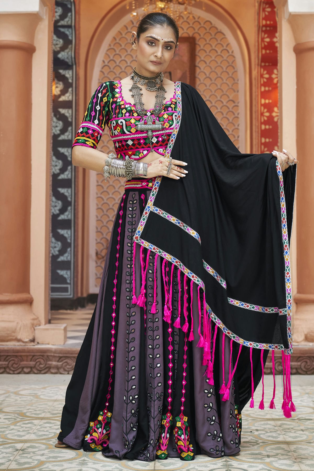 Multicolour Viscose Rayon Navratri Lehenga