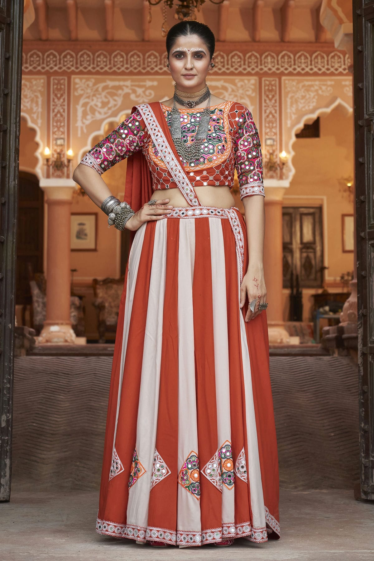 Multicolour Viscose Rayon Navratri Lehenga