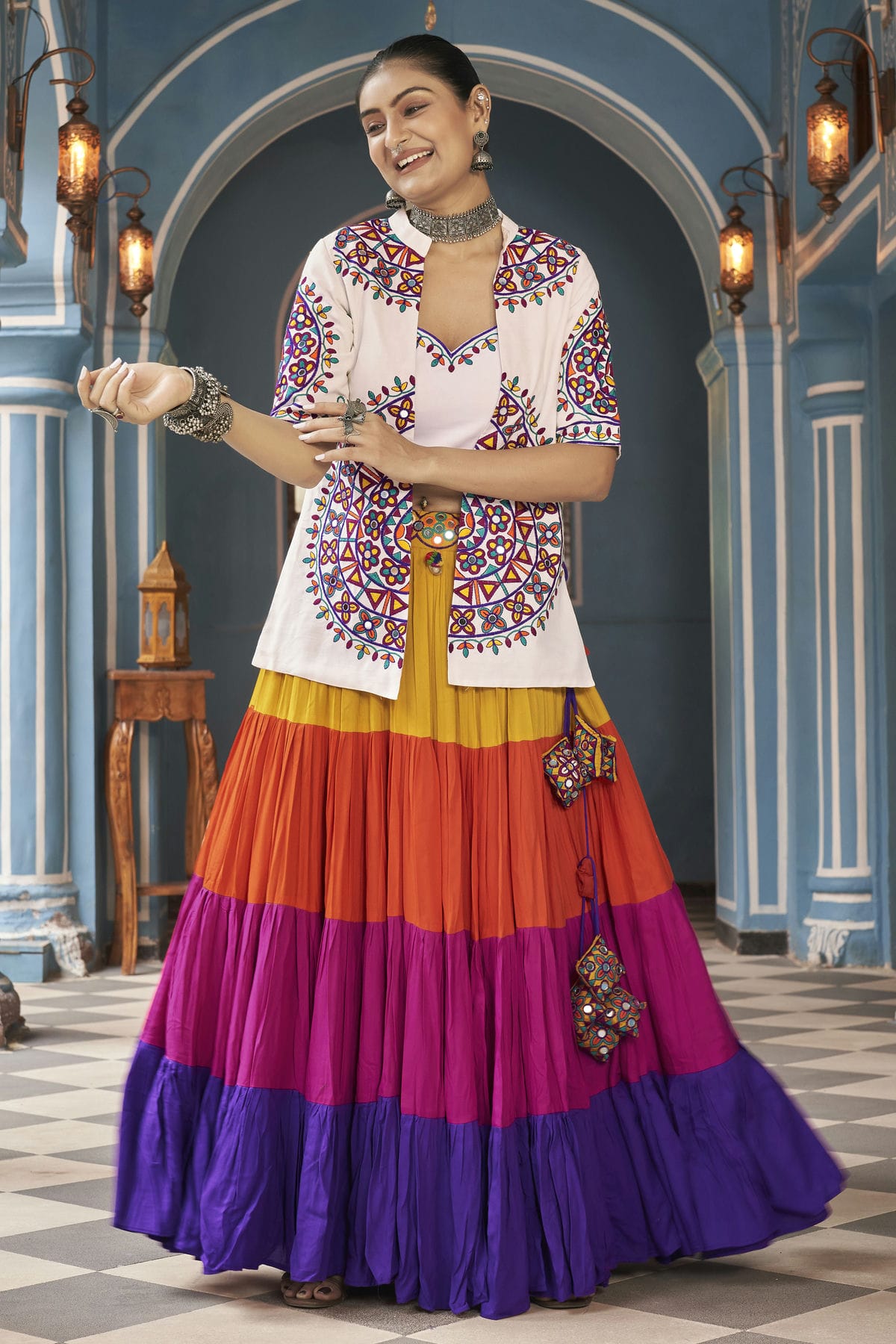 Multicolour Viscose Rayon Navratri Lehenga