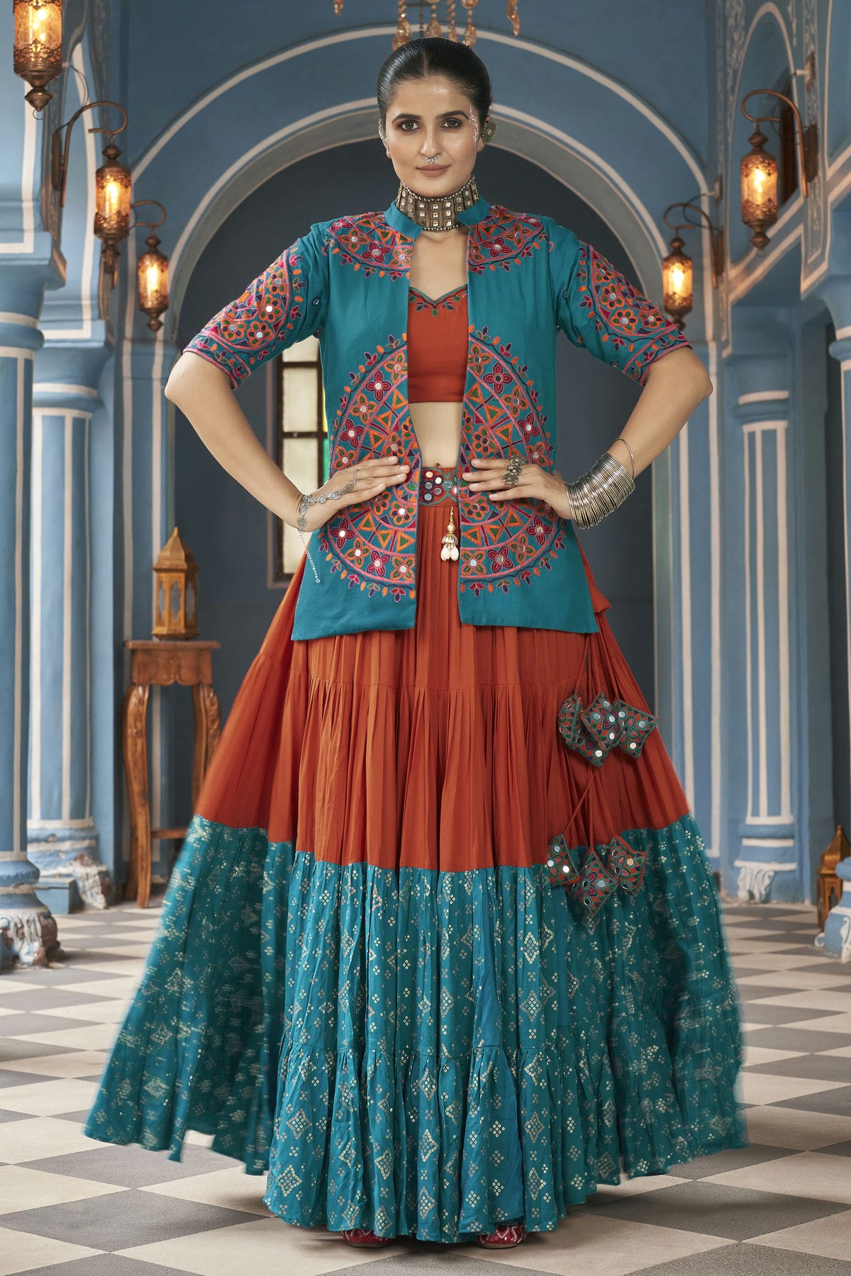 Multicolour Viscose Rayon Navratri Lehenga