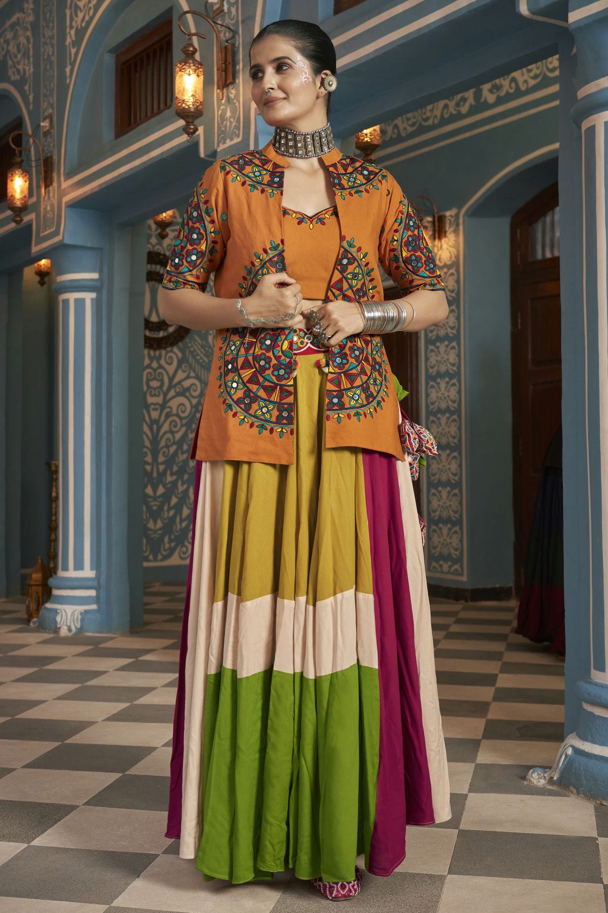 Multicolour Viscose Rayon Navratri Lehenga