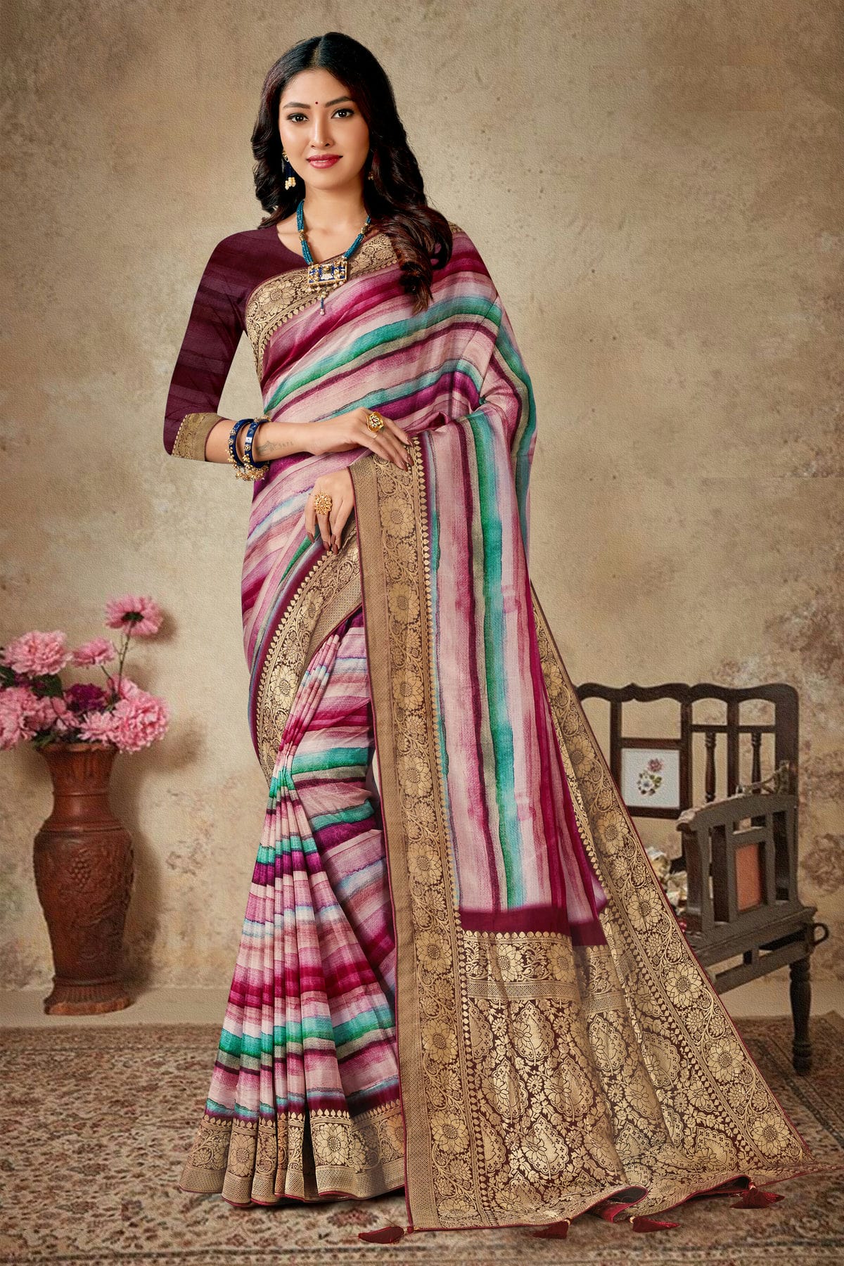 Multicolour Viscose Silk Printed Saree