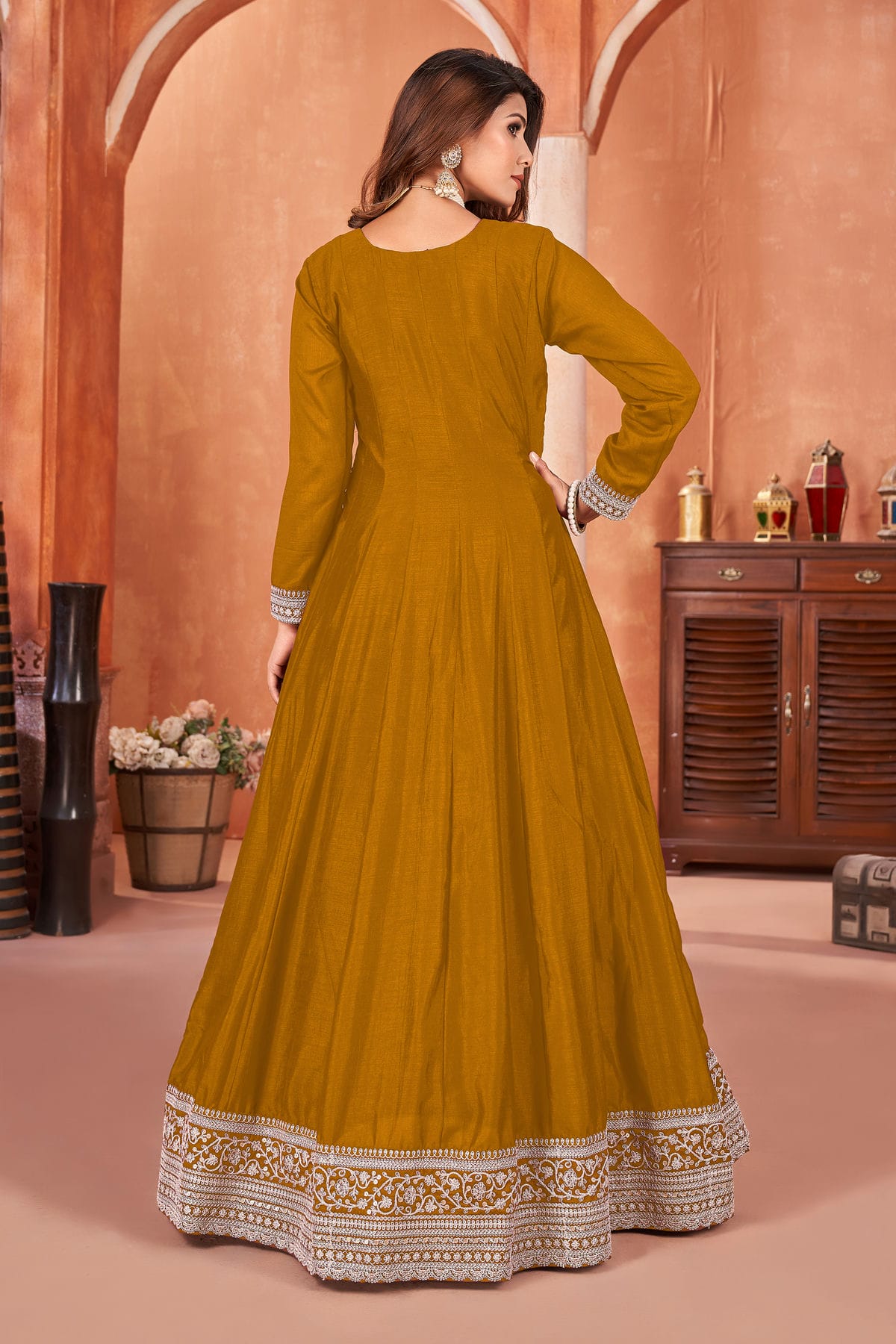 Mustard Colour Anarkali Suit Art Silk Semi Stitched