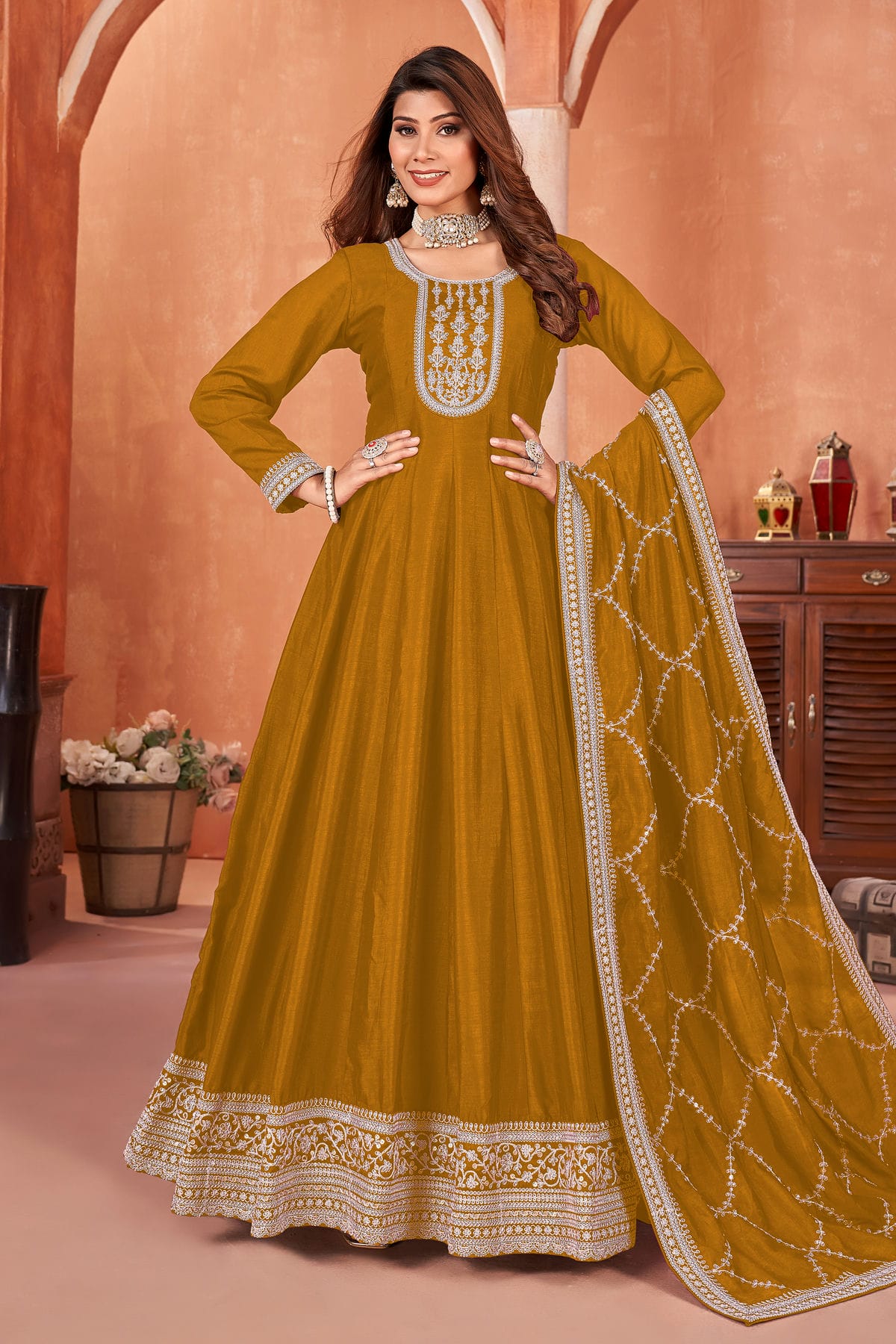 Mustard Colour Anarkali Suit Art Silk Semi Stitched