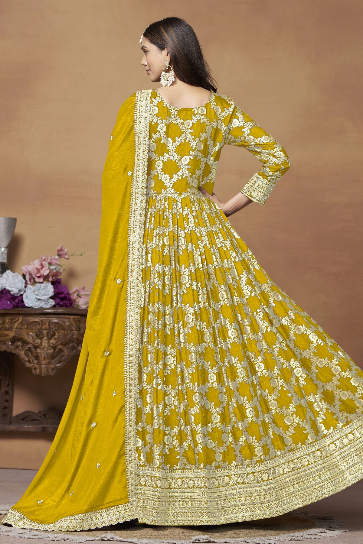 Mustard Colour Anarkali Suit Dola Jacquard Semi Stitched VSSM1050540