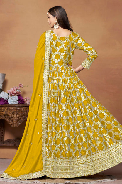 Mustard Colour Anarkali Suit Dola Jacquard Semi Stitched