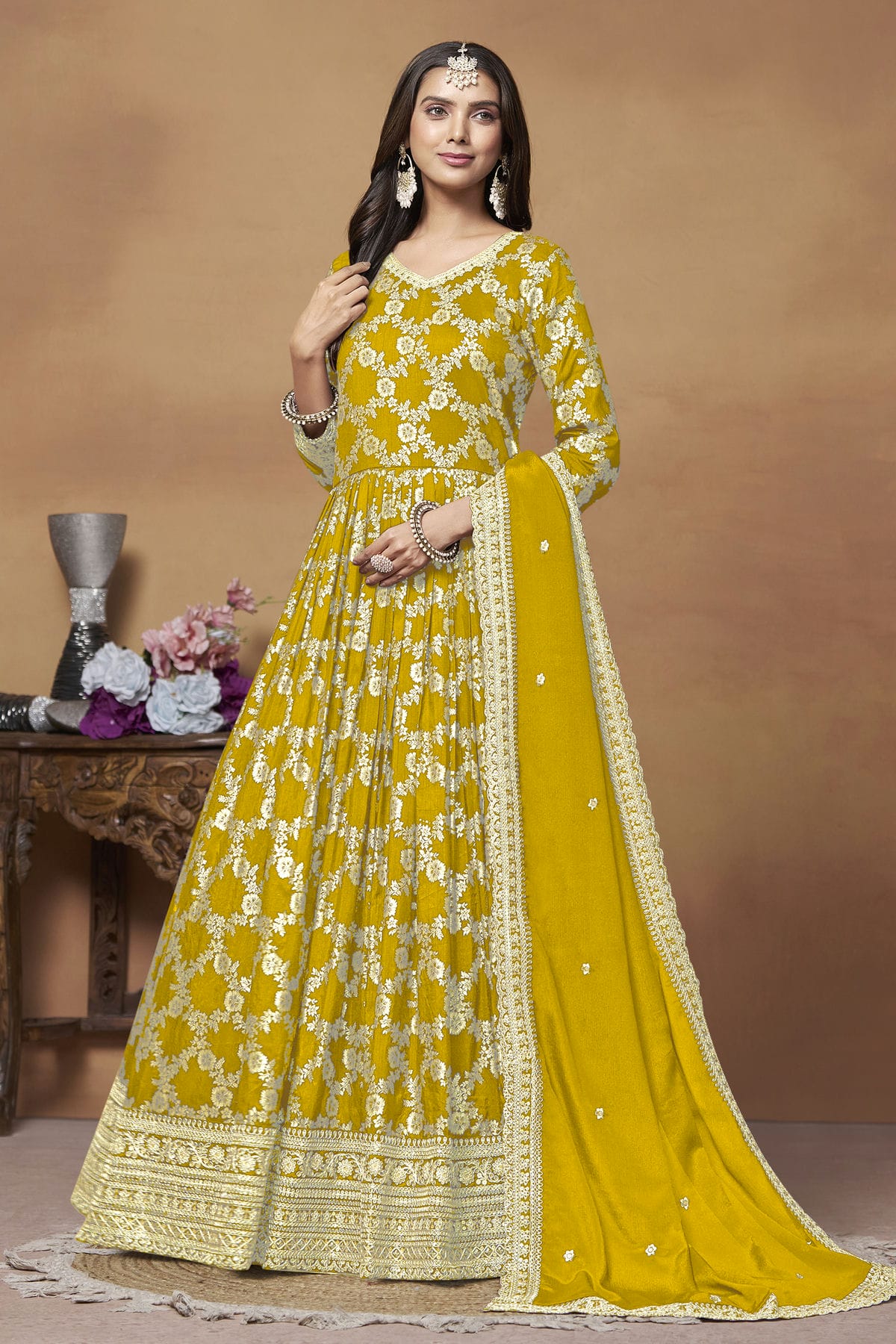 Mustard Colour Anarkali Suit Dola Jacquard Semi Stitched