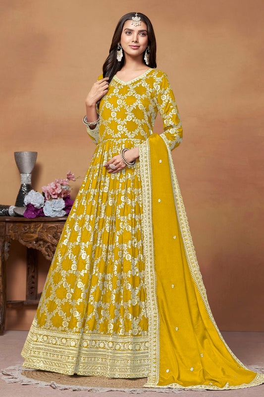 Mustard Colour Anarkali Suit Dola Jacquard Semi Stitched