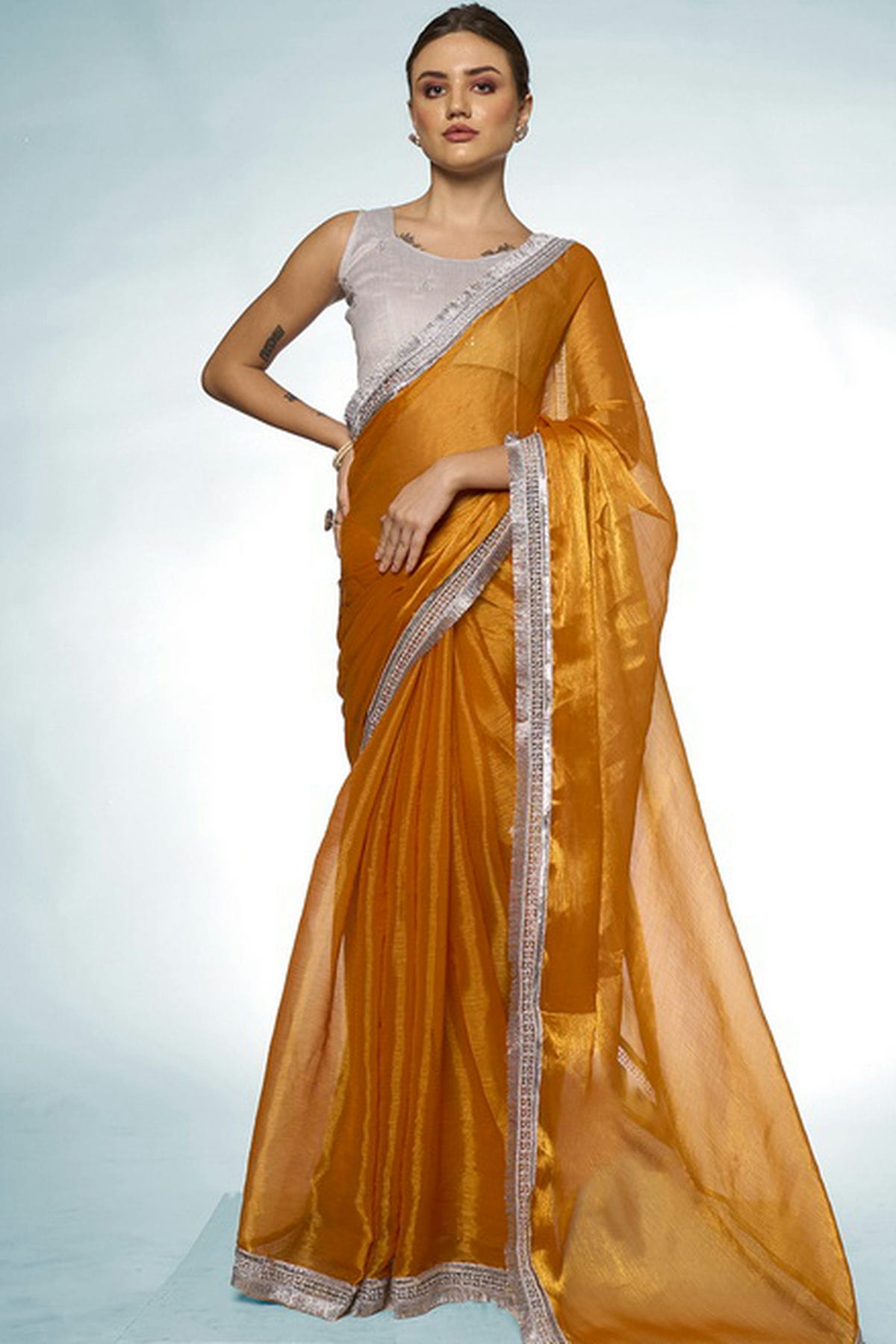 Mustard Colour Burburry Designer Saree