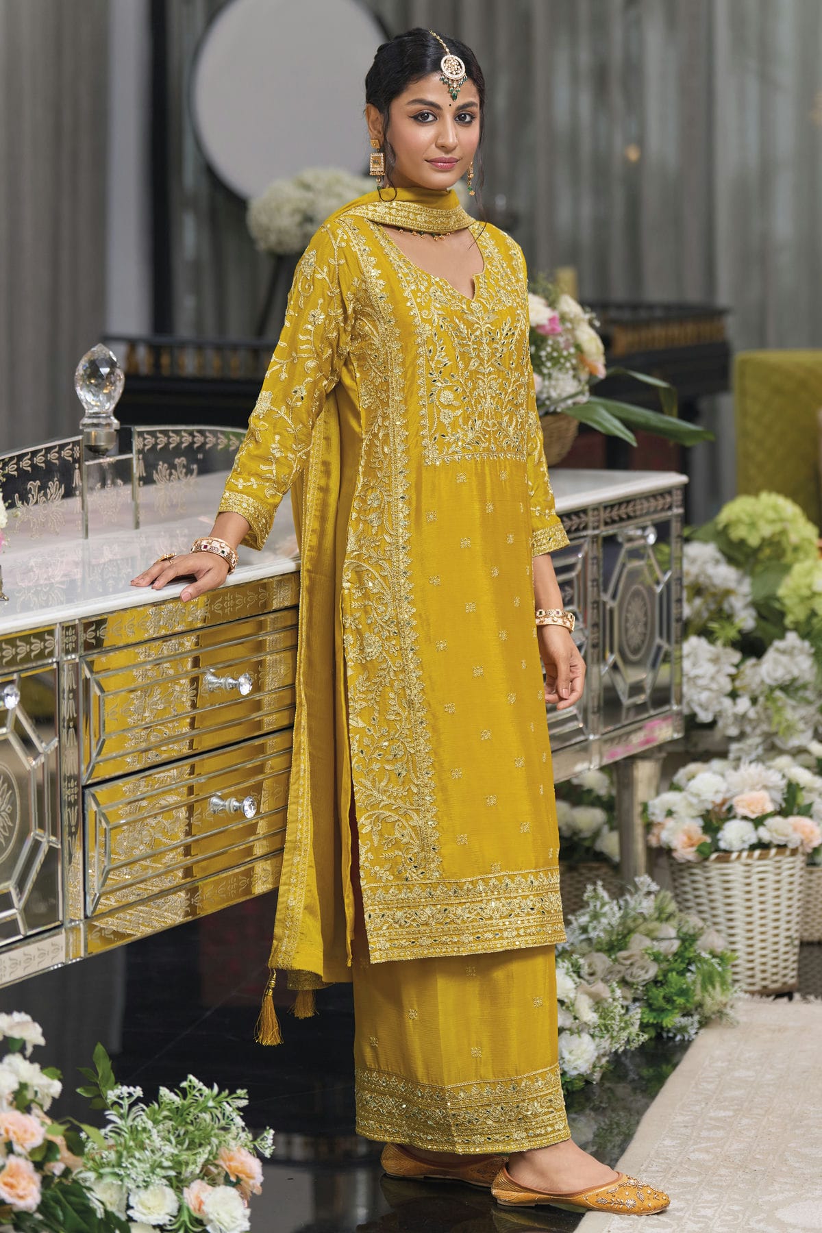 Mustard Colour Chinon Readymade Palazzo Pant Suit