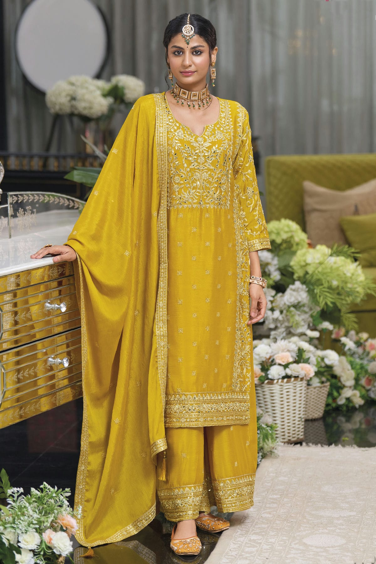 Mustard Colour Chinon Readymade Palazzo Pant Suit