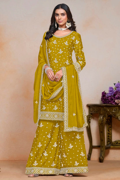 Mustard Colour Chinon Semi Stitched Palazzo Pant Suit VSSM1050629