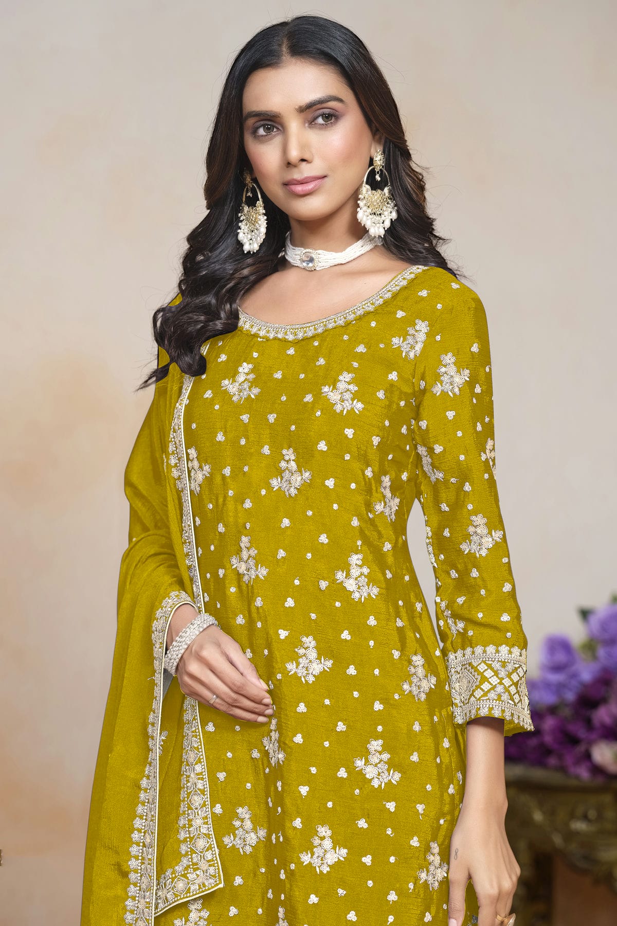 Mustard Colour Chinon Semi Stitched Palazzo Pant Suit VSSM1050629