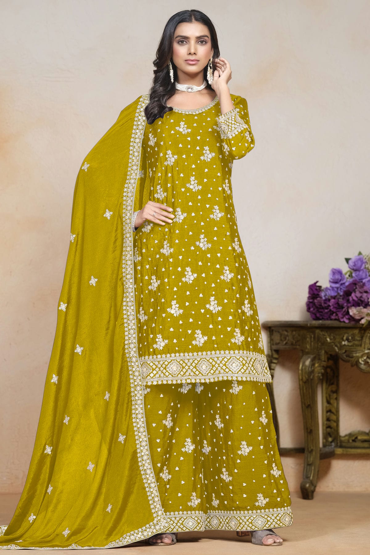 Mustard Colour Chinon Semi Stitched Palazzo Pant Suit