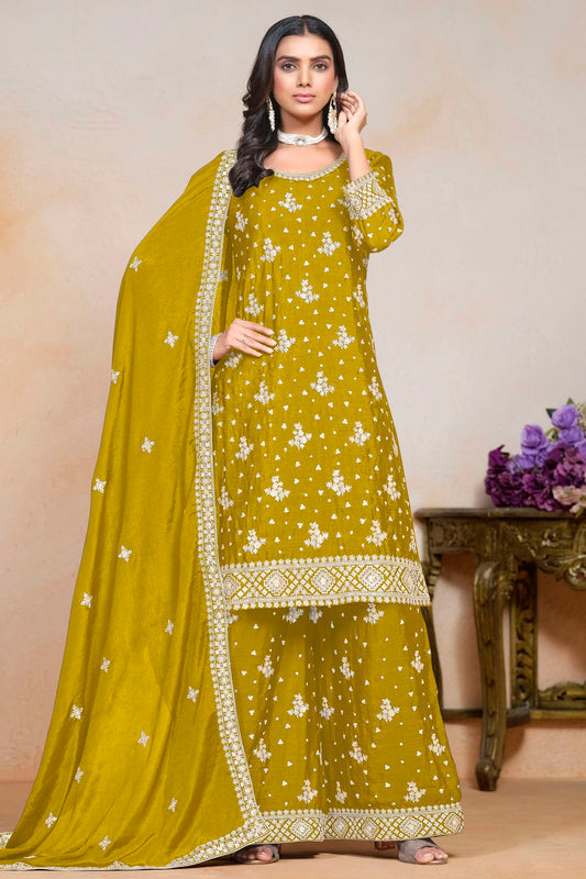 Mustard Colour Chinon Semi Stitched Palazzo Pant Suit