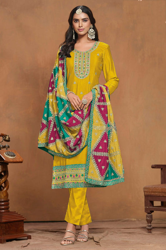 Mustard Colour Chinon Semi Stitched Pant Style Suit