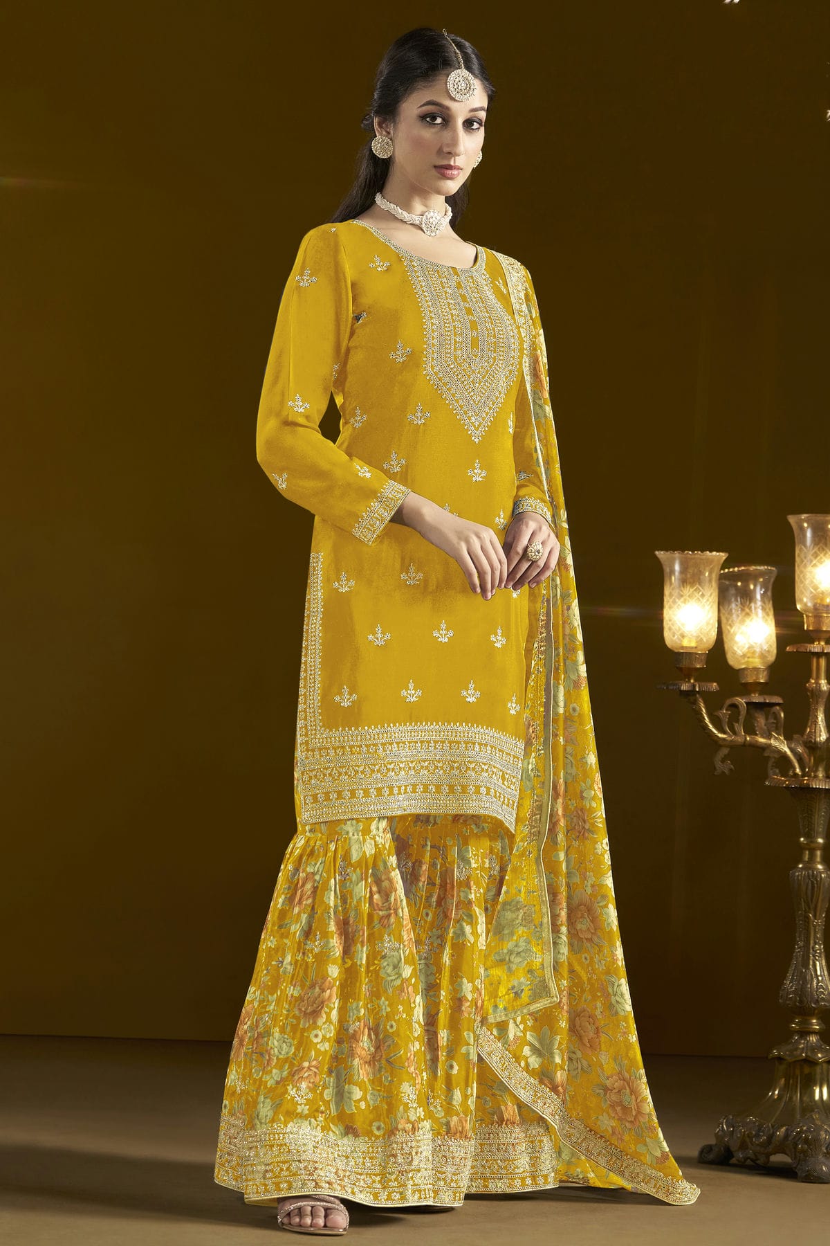 Mustard Colour Chinon Semi Stitched Sharara Suit VSSM1050653