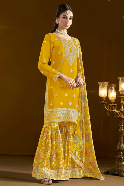 Mustard Colour Chinon Semi Stitched Sharara Suit VSSM1050653