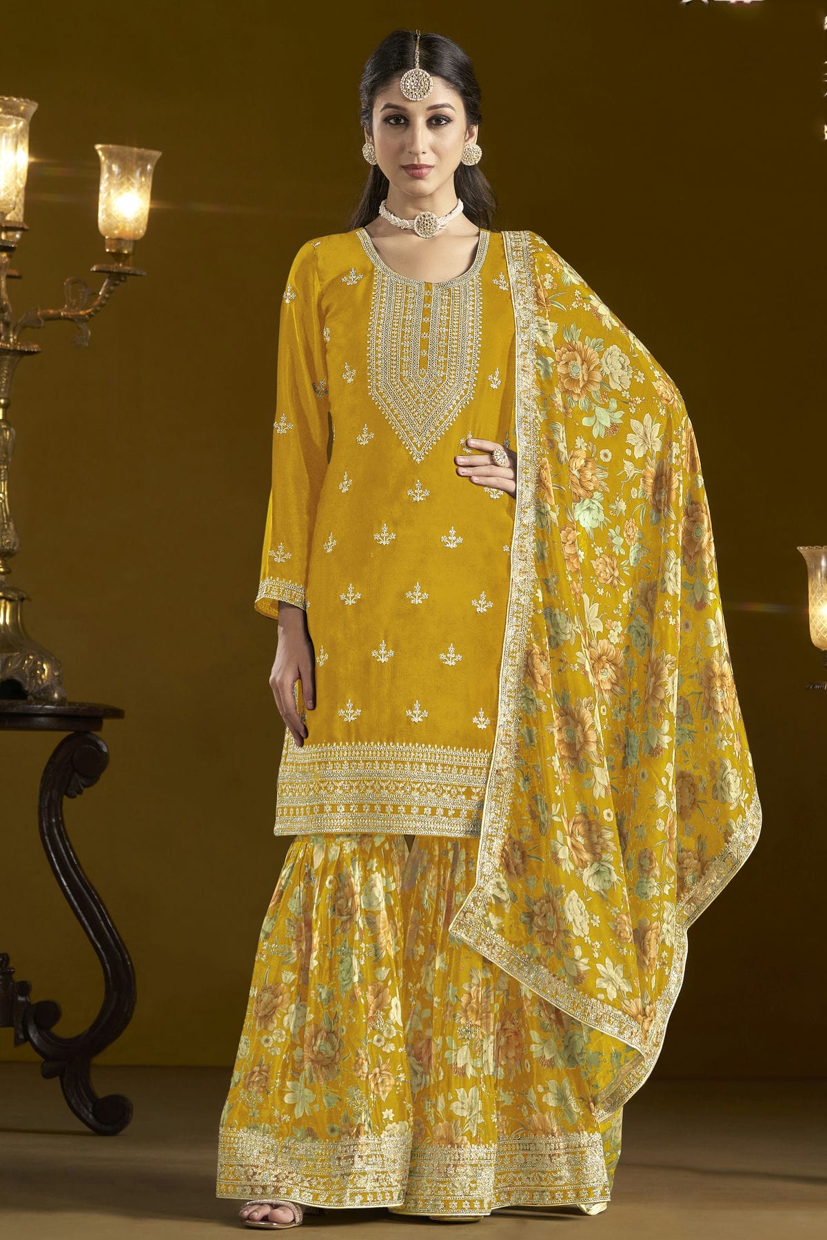 Mustard Colour Chinon Semi Stitched Sharara Suit