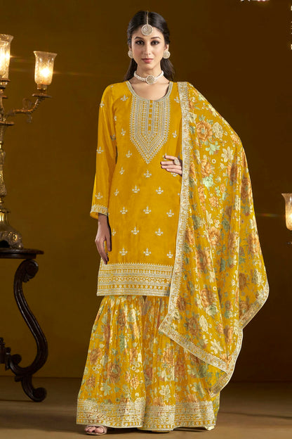 Mustard Colour Chinon Semi Stitched Sharara Suit