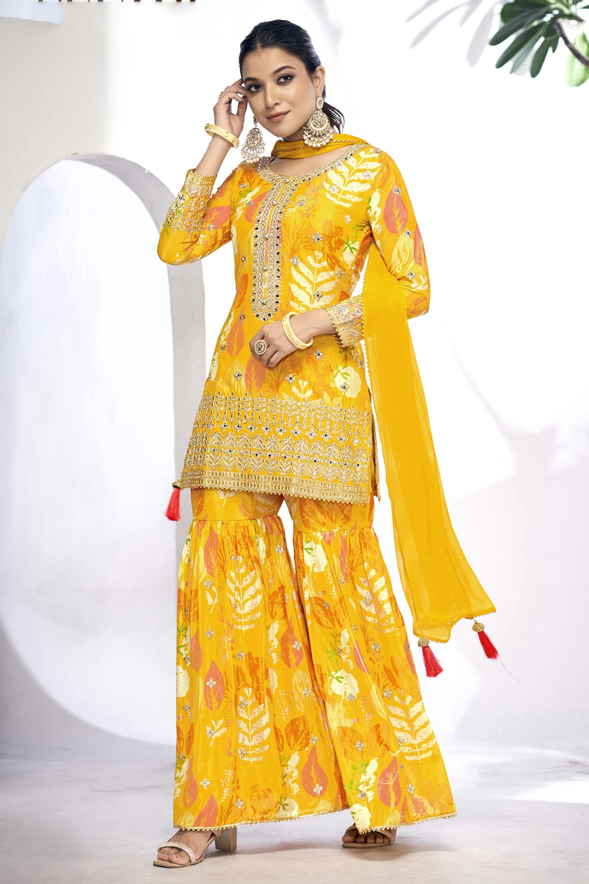 Mustard Colour Chinon Sharara Suit