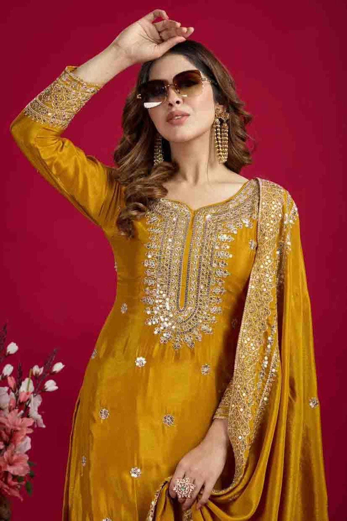 Mustard Colour Chinon Silk Stitched Sharara Suit VSSS1140771