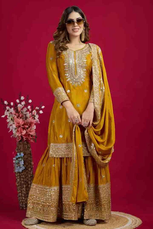 Mustard Colour Chinon Silk Stitched Sharara Suit VSSS1140771