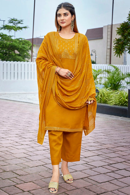 Mustard Colour Cotton Blend Stitched Suit