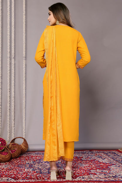 Mustard Colour Cotton Blend Stitched Suit VSSS1112293