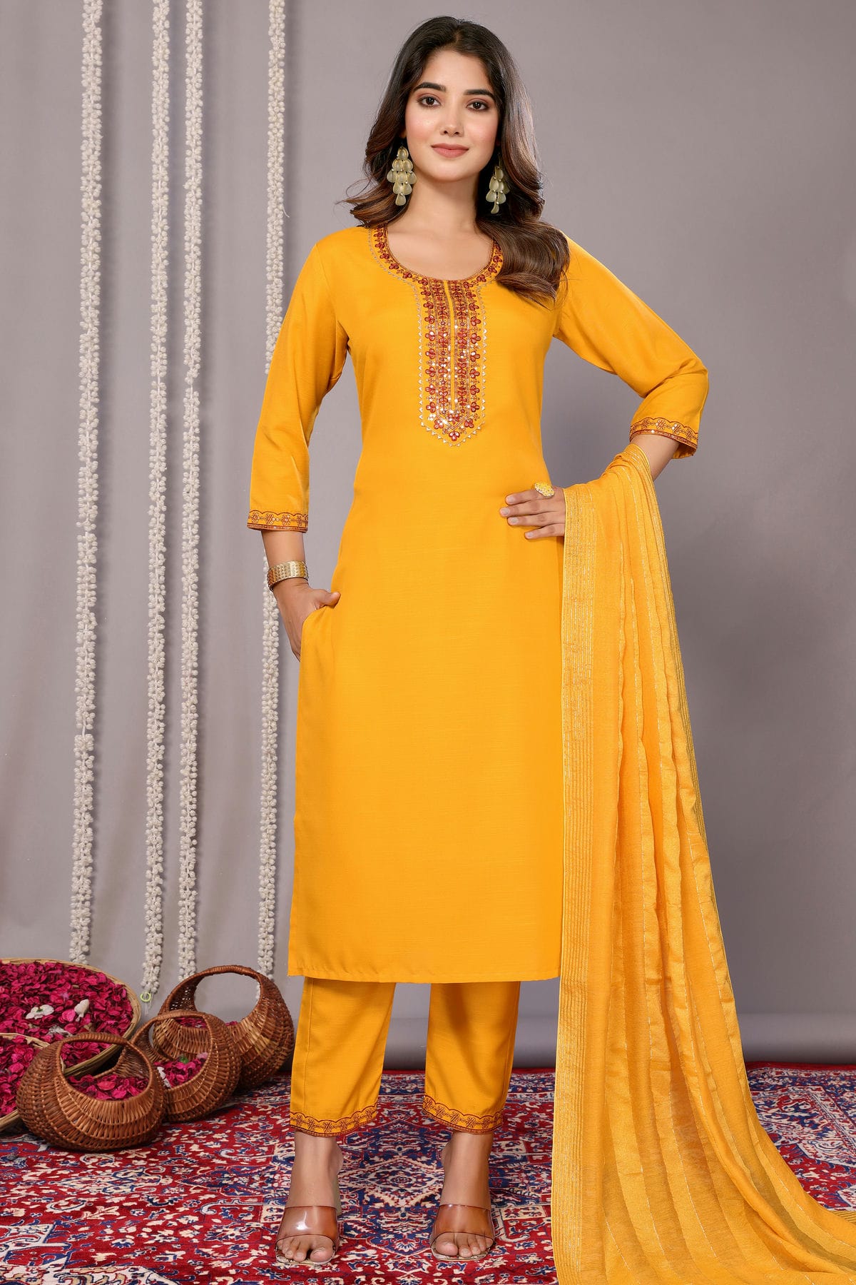 Mustard Colour Cotton Blend Stitched Suit