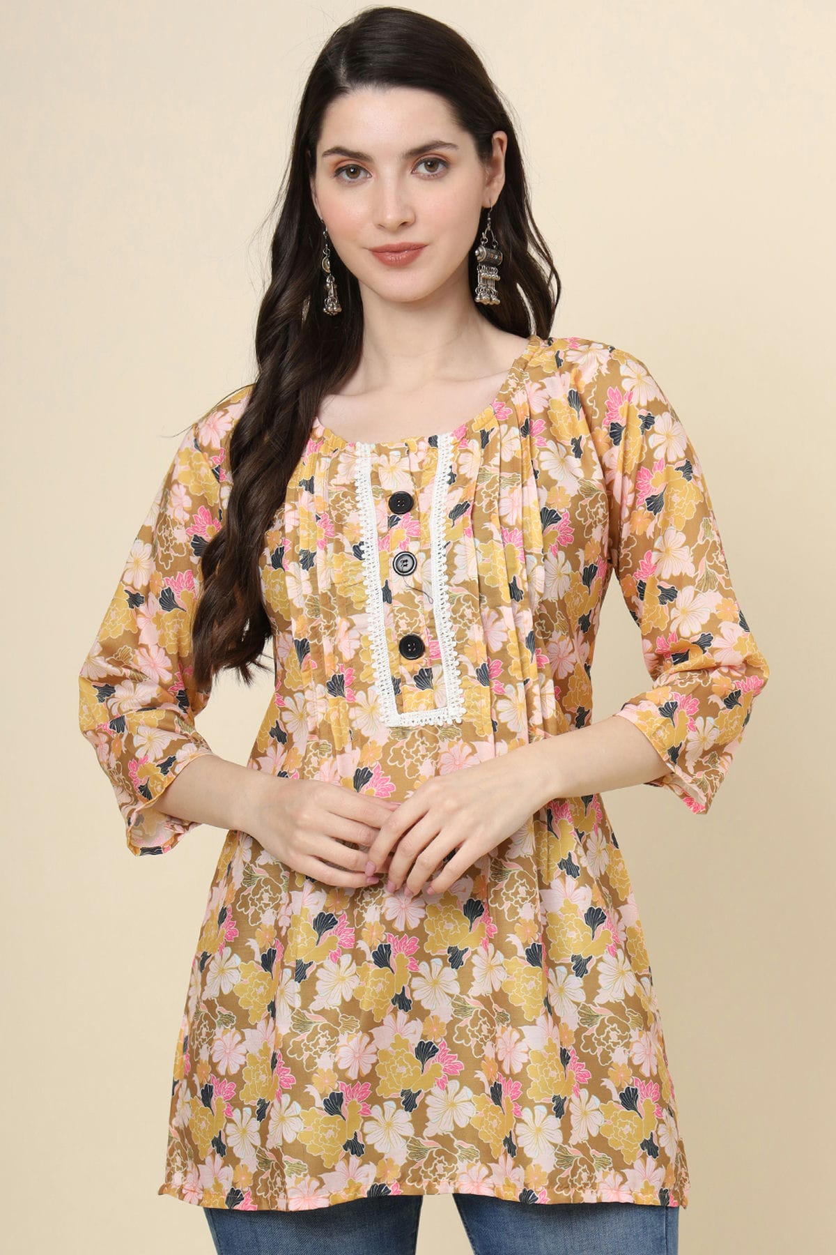 Mustard Colour Cotton Printed Work Readymade Top