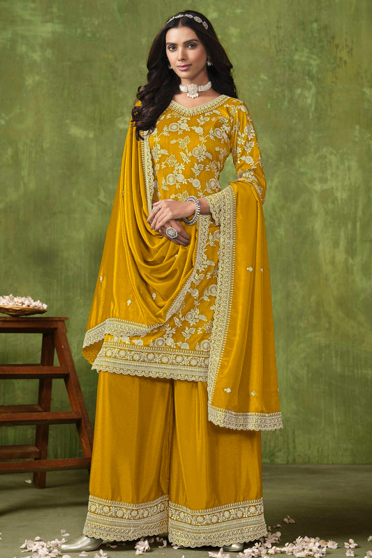 Mustard Colour Dola Silk Jacquard Palazzo Pant Suit