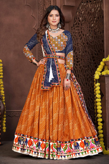 Mustard Colour Embroidery Work Cotton Silk Navratri Lehenga