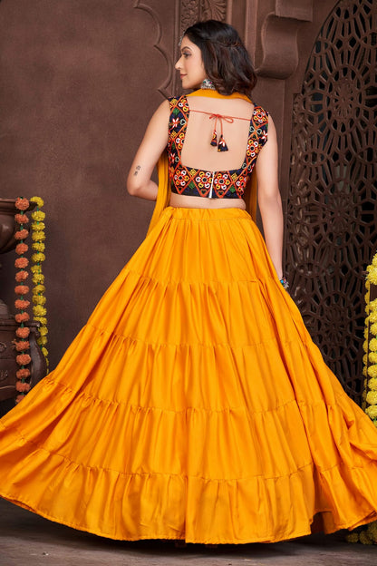 Mustard Colour Embroidery Work French Crepe Navratri Lehenga