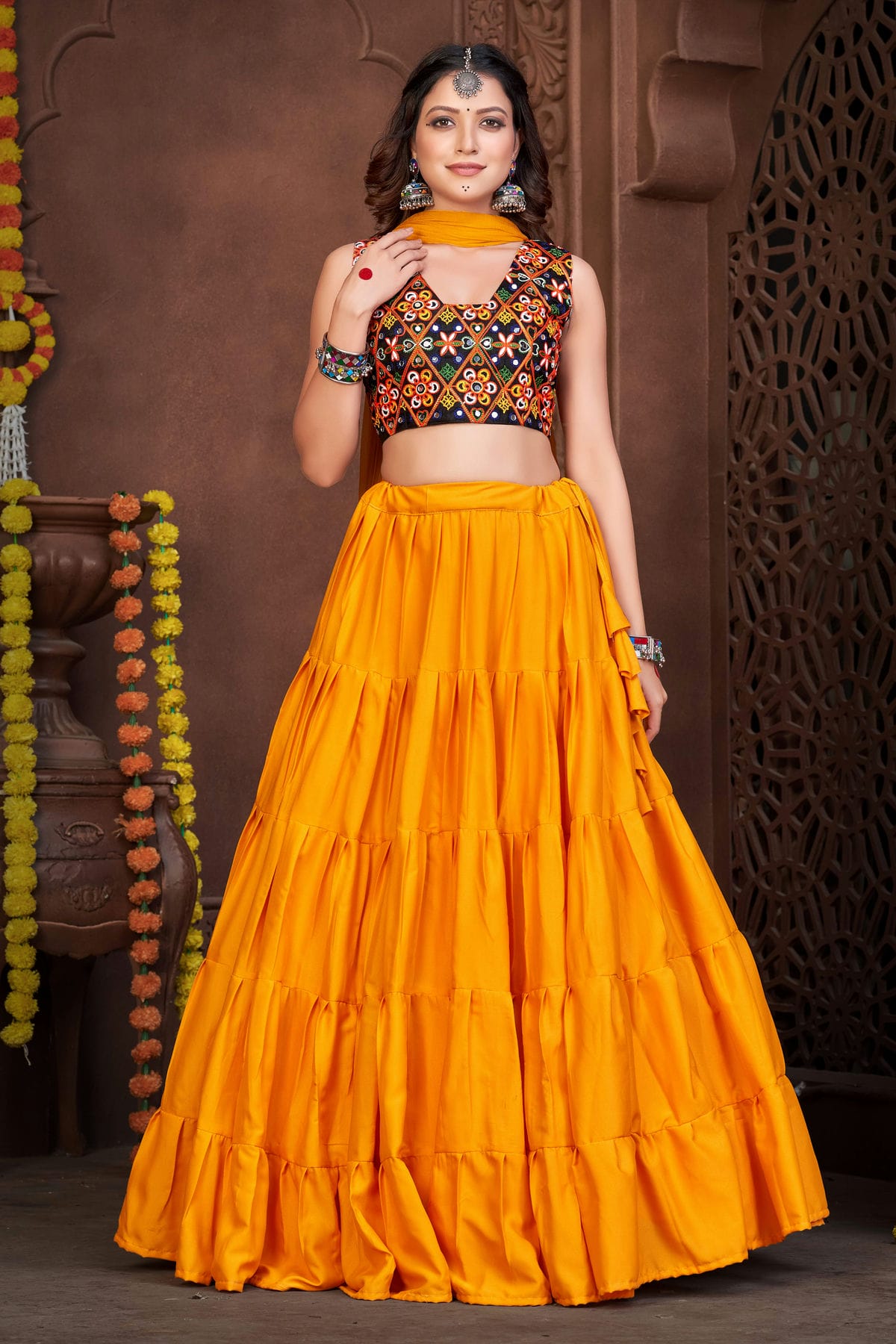 Mustard Colour Embroidery Work French Crepe Navratri Lehenga